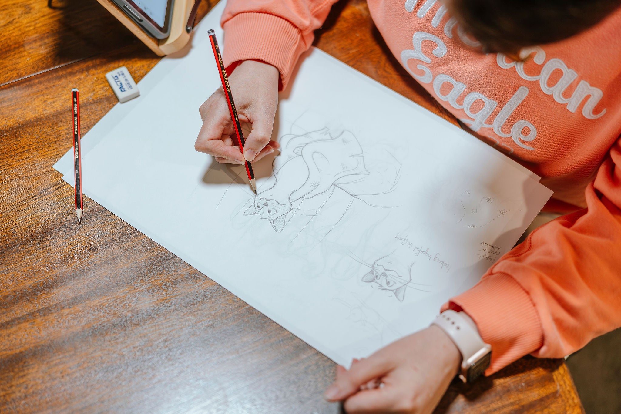 Amanda Fookes drawing Jimmy Whiskers on a piece of paper with a red pencil on a wooden table.