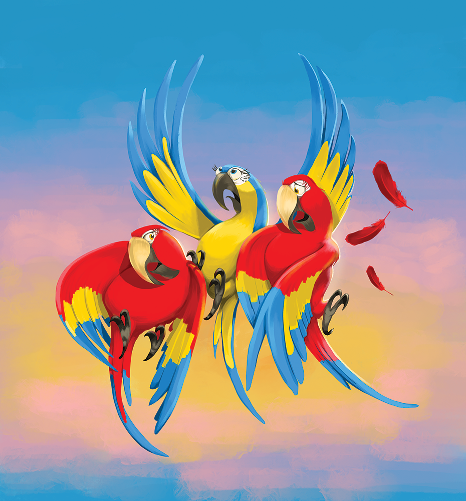 Painting of three parrots Banjo, Felicia and Carlos, copyright Lofty Tales Ltd